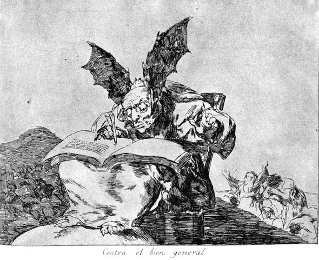 Франсиско Гойя_Лист 71 - Против общественного блага (Contra el bien general). Крылатый демон пишет в книгу судеб