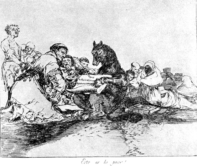 Франсиско Гойя_Лист 74 - Это хуже всего! (Esto es lo peor!). Волк пишет приказы в окружении коленопреклонных людей и помогающего ему монаха