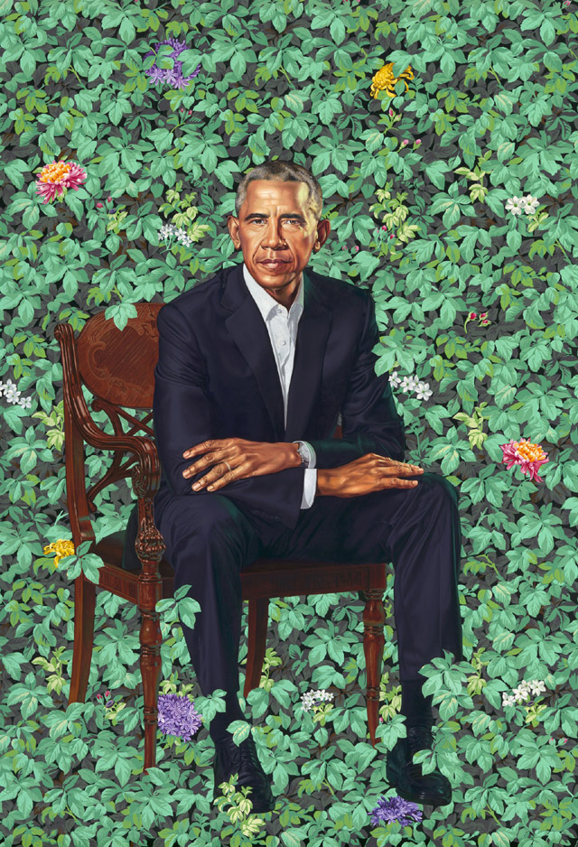 Barack Obama by Kehinde Wiley, oil on canvas, 2018. Courtesy National Portrait Gallery, Smithsonian Institution