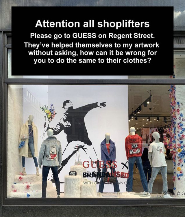 Витрина магазина GUESS в Лондоне, фото: Banksy / Instagram
