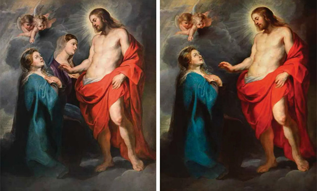 Картина "Воскресший Христос является своей матери" (до и после реставрации). Приписывается П. Рубенсу