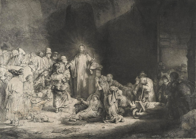 Рембрандт «Проповедующий Христос» («Лист в сто гульденов»). Около 1648. Гравюра офортом, сухой иглой и резцом
