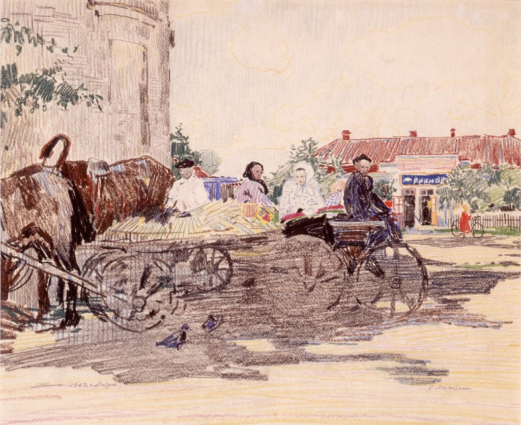 19-Станислав Никиреев - Село Доброе, у магазина, цветные карандаши, 1962