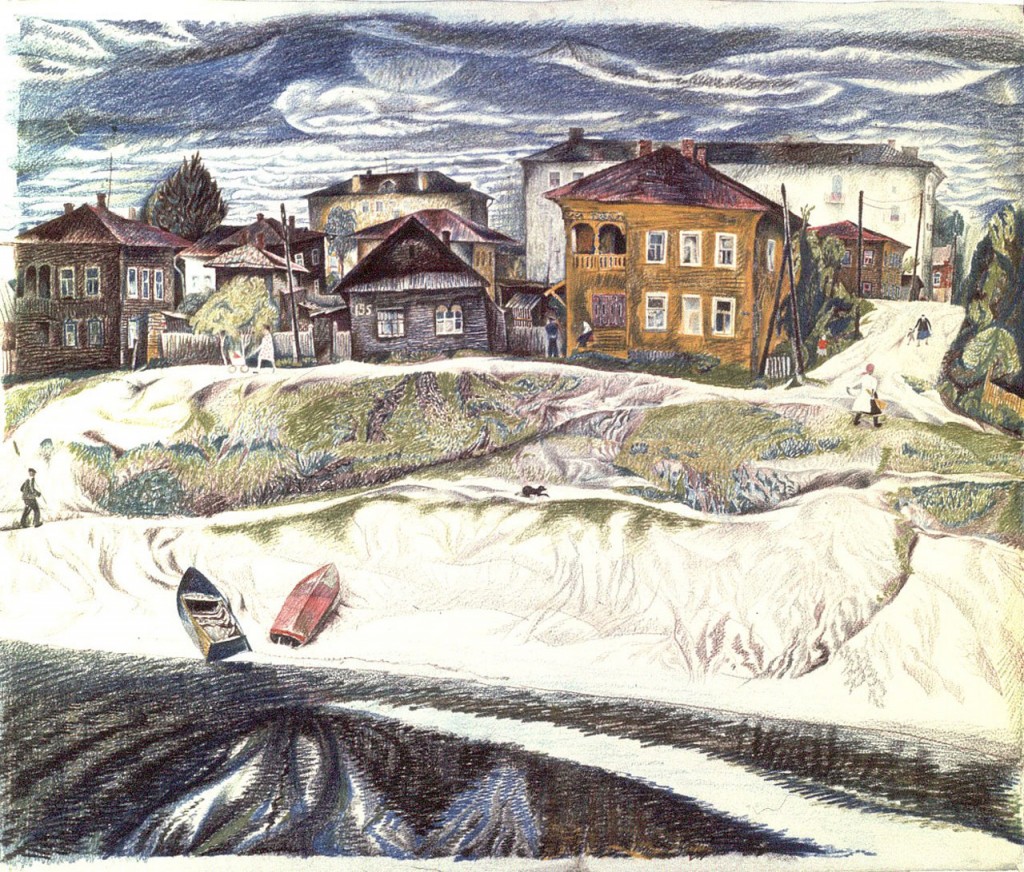 23-Станислав Никиреев - Вологда. Набережная реки, цветные карандаши, 1973