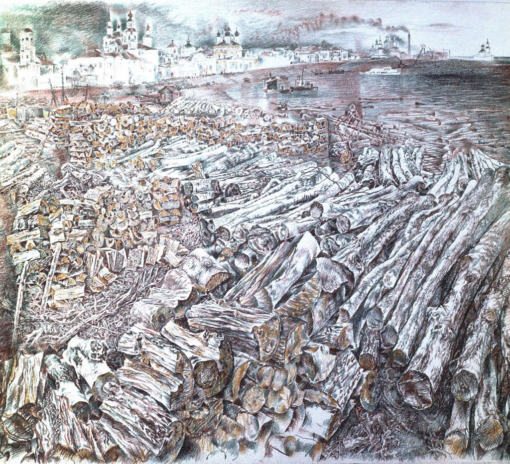 30-Станислав Никиреев - Дровяной склад на реке Сухона, цветные карандаши